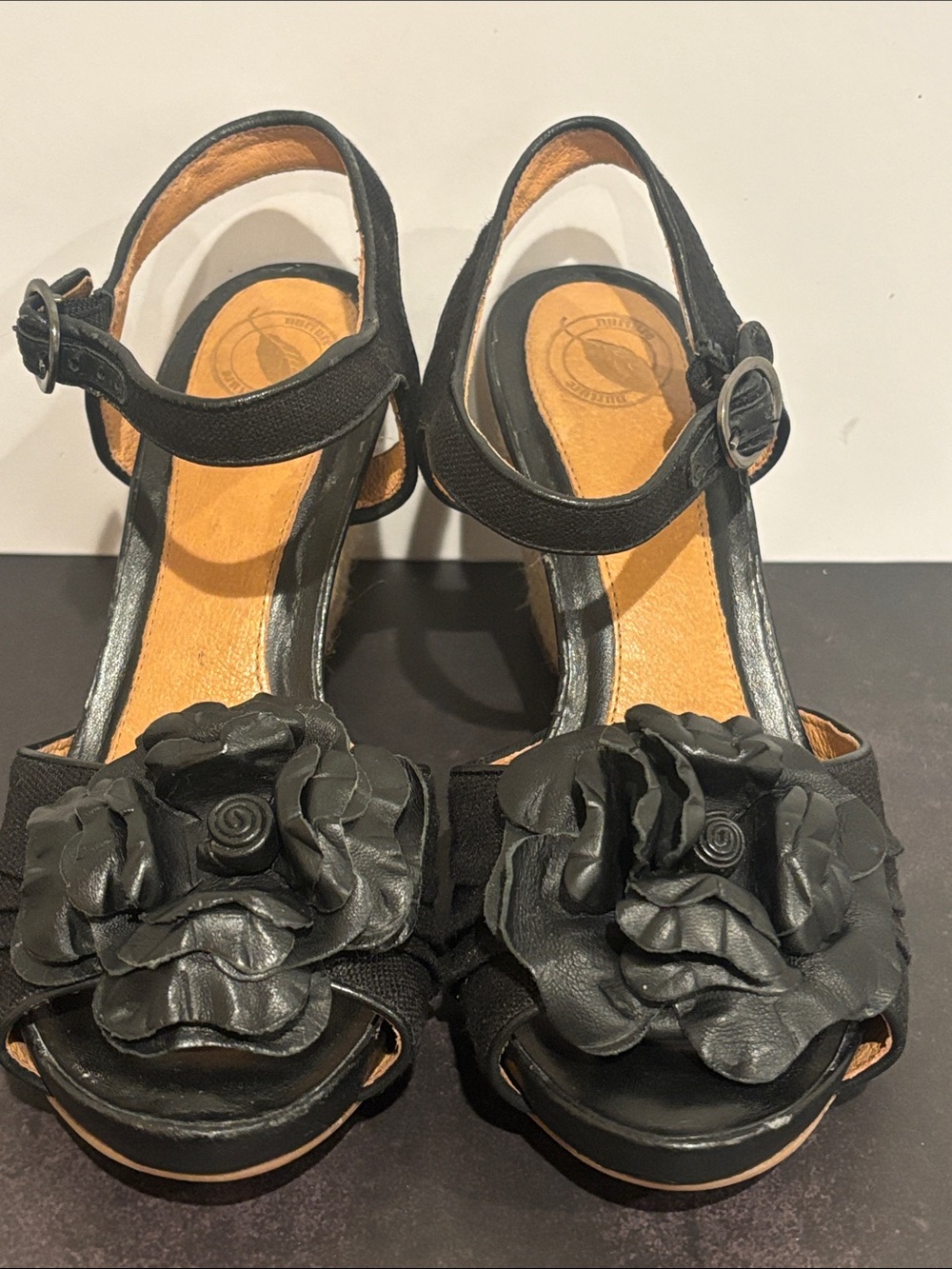 Nurture Black Leather Floral Rosette Wedge Sandals Ankle Strap - Size 7